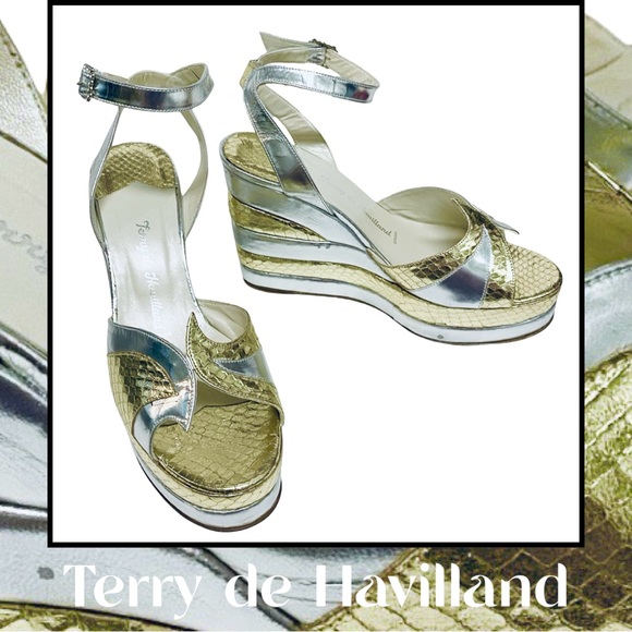 Vtg Terry de Havilland London Silver Gold Metallic Snake Platform Shoe 39/9 Rare